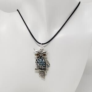 Owl Pendant Necklace w/ Blue Resin Body & Bronze Eyes